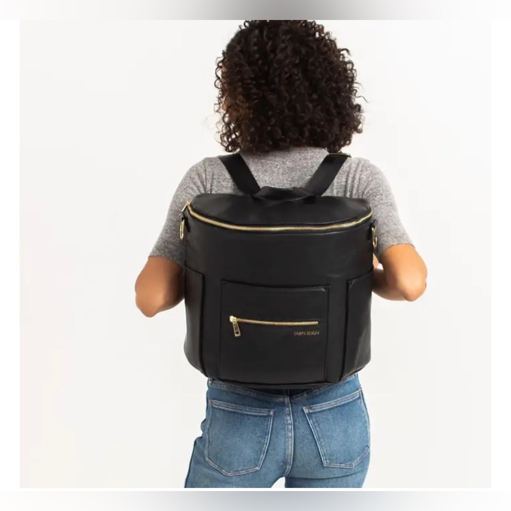 Fawn Design Black Leather Diaper-bag Backpack with Gold Hardware